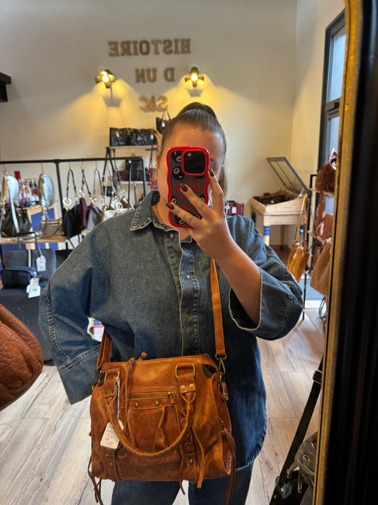 Sac Amandine en cuir mat moyen  - coloris cognac