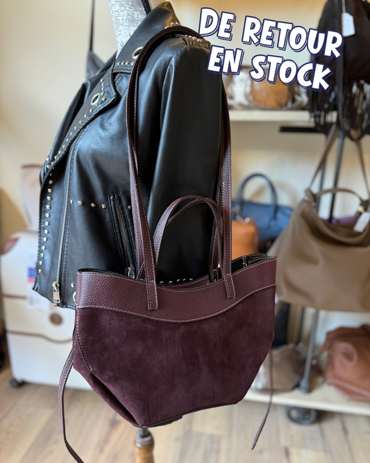 Sac Pauline en daim et cuir grainé coloris burgundy