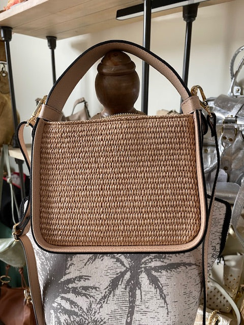 Sac bandoulière en raphia et cuir coloris nude - Eva
