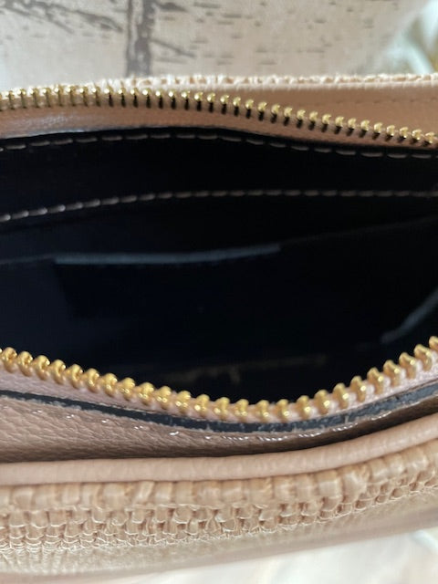 Sac bandoulière en raphia et cuir coloris nude - Eva