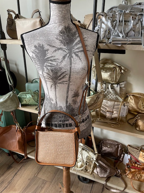 Sac bandoulière en raphia et cuir camel - Eva