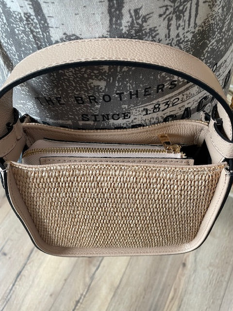 Sac bandoulière en raphia et cuir coloris nude - Eva