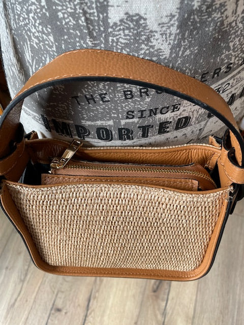 Sac bandoulière en raphia et cuir camel - Eva